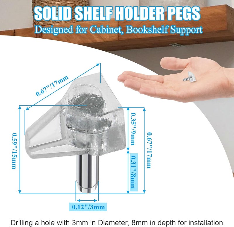 Suiwotin 30pcs 1/8 Inch (3mm) Shelf Support Peg, Clear Plastic Cabinet Shelf Pins, Shelf Supports Pins for Closet, Kitchen, Furniture Shelves Holder Pegs - Image 2